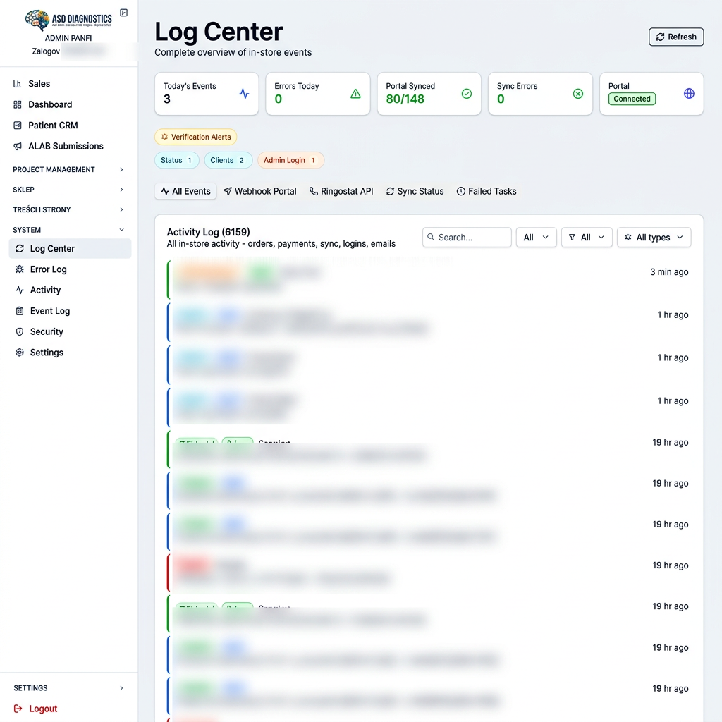 ASD Diagnostics English audit log showing authentication, customer, payment and synchronisation events with sensitive details obscured