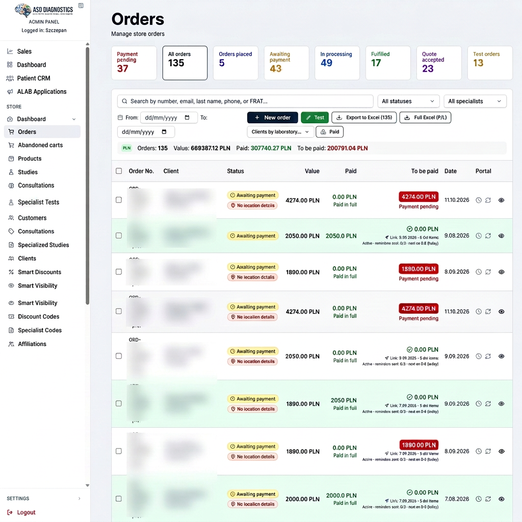 ASD Diagnostics order administration screen with patient information obscured